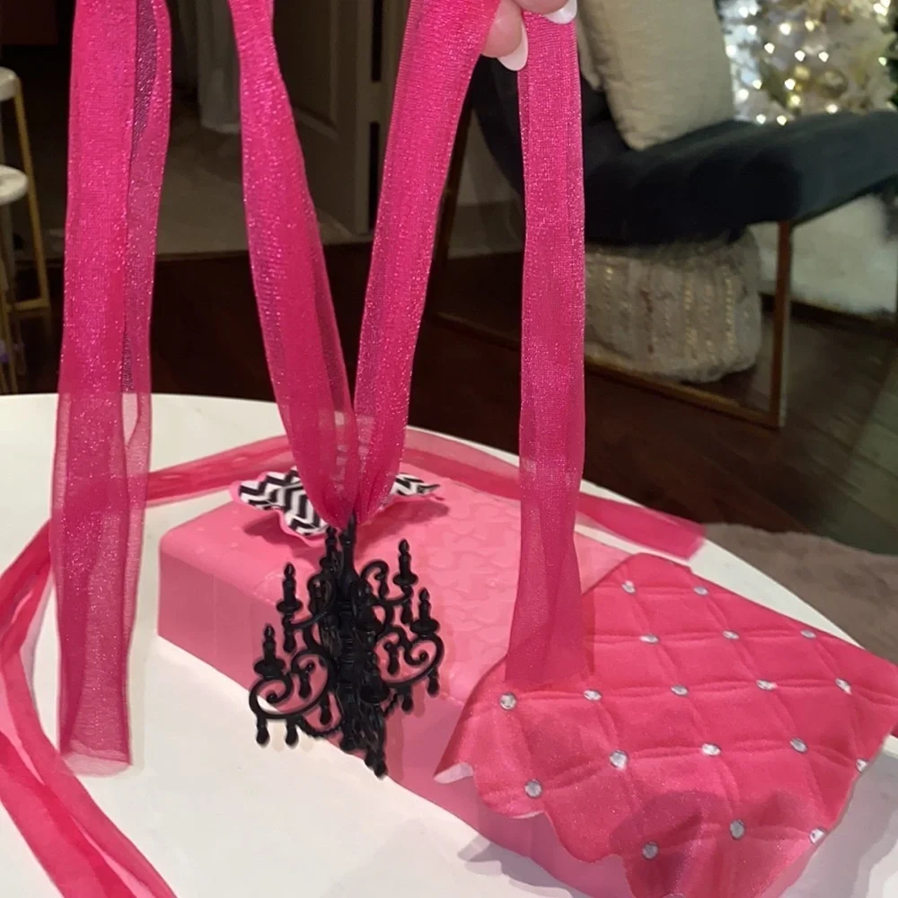 Barbie bed pink silver blanket black white pillow black chandelier pink drapes - Picture 3 of 14